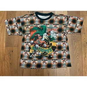 Vintage 90s University of Miami Hurricanes Plaid All Over Print T-Shirt USA XL